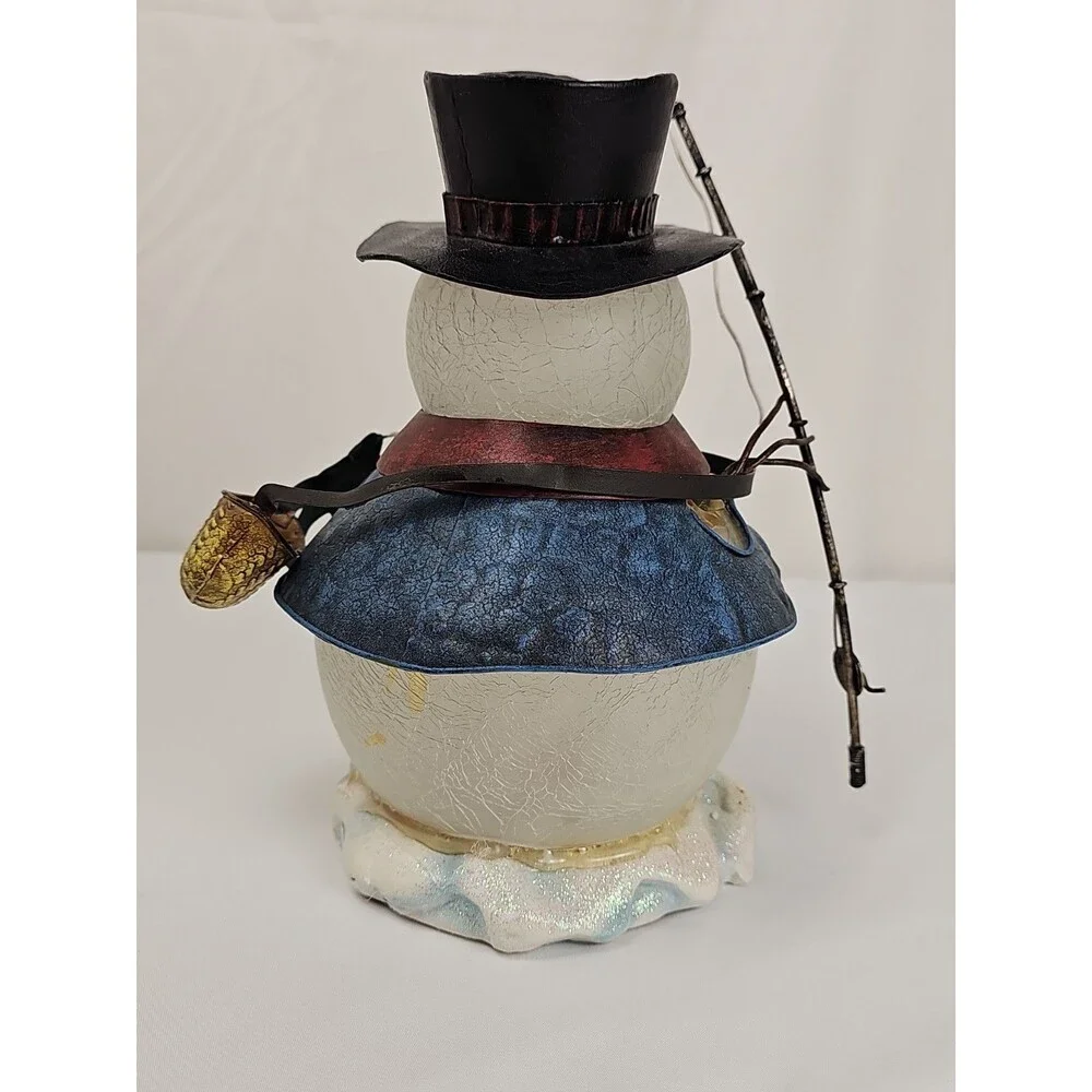 Kirkland's Fishing Snowman Collectible Lighted Crackle Glass Holiday Decor